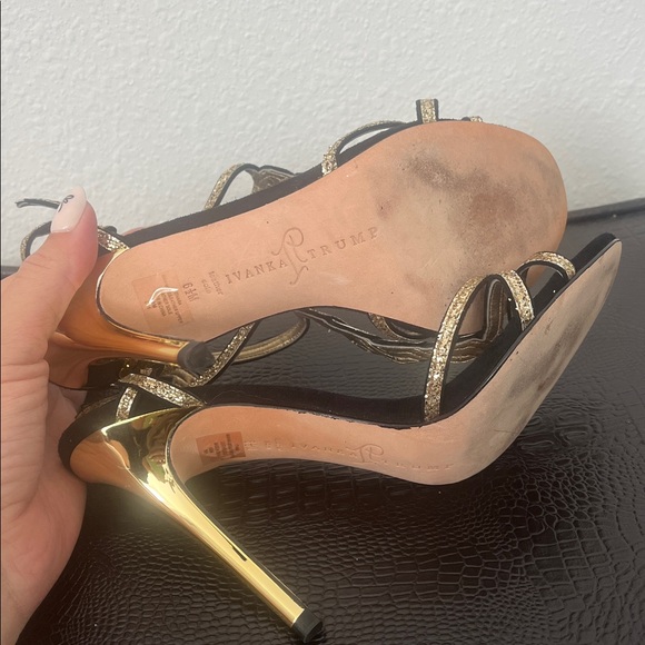 IVANKA TRUMP Black and Gold Strappy Heeled Sandals - Picture 5 of 6